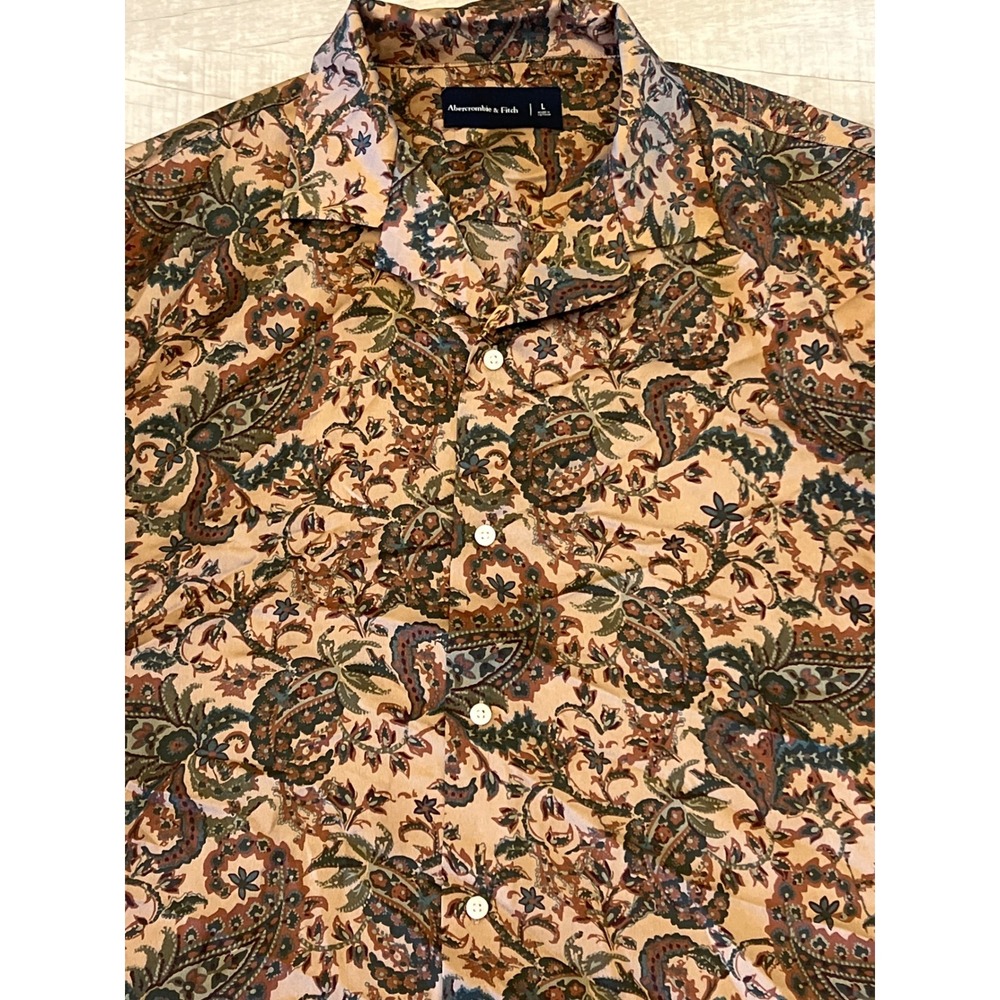Abercrombie & Fitch Mens Large Brown Paisley Short Sleeve Camp Collar Button Up